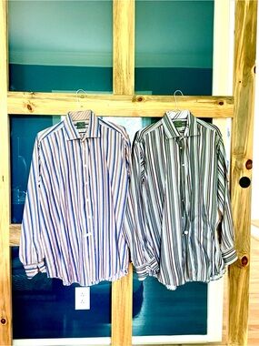 Thomas Dean Men's Striped Dress Shirt - Blue and Brown Stripes